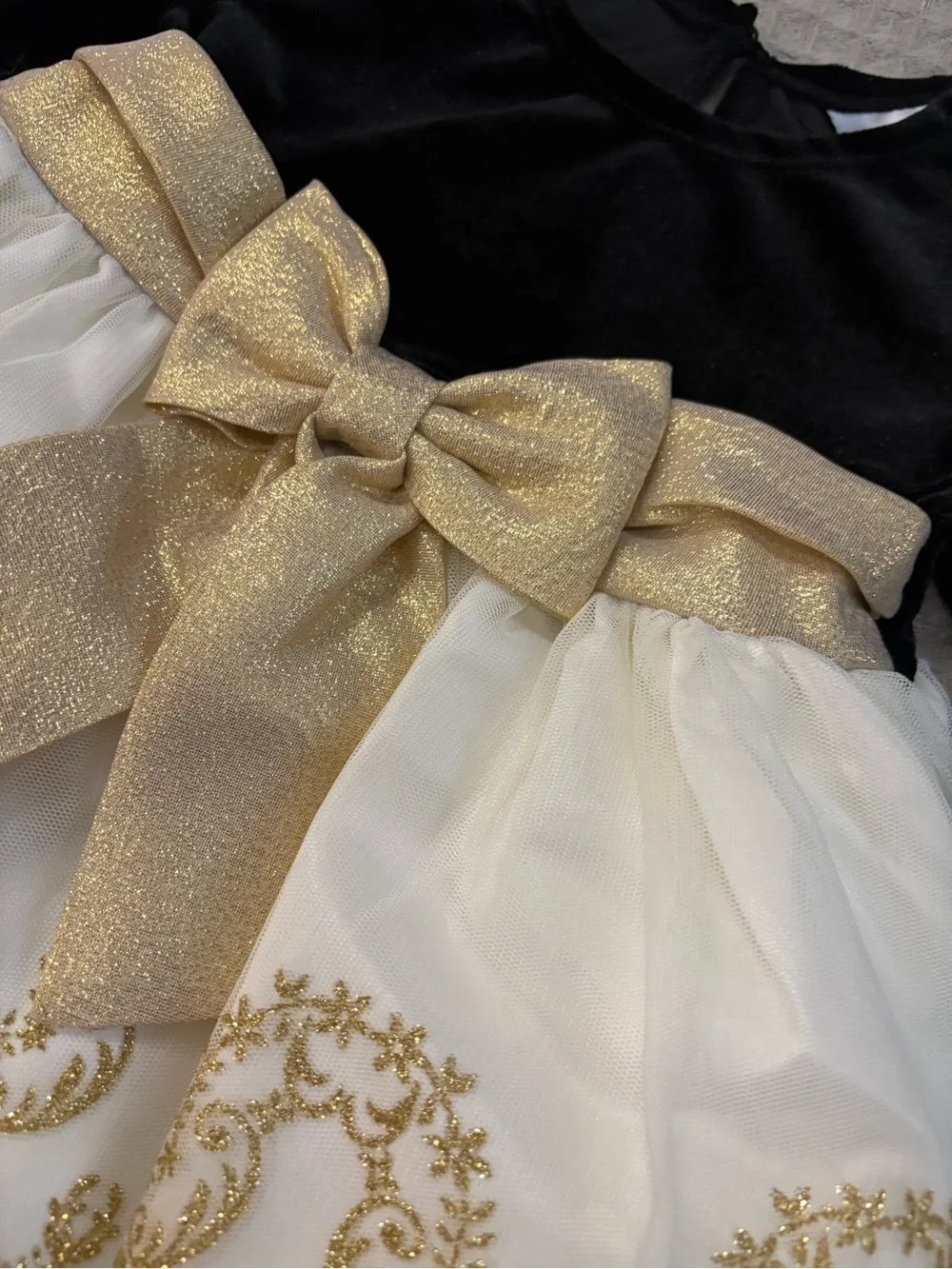Rare Editions Black Velvet and Gold-Accent Ivory Party Dress